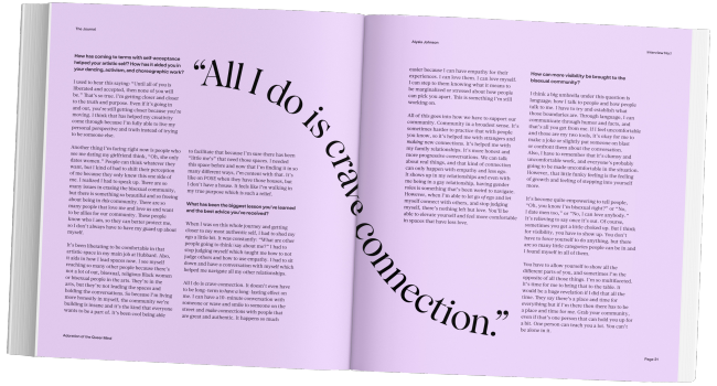 Queer affirmation spread inside Adoration of the Queer Mind journal with bold typography